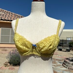 Gilligan & OMalley Size 36B Yellow Lace Bra with Blue Bow